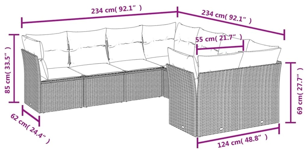 8 pcs conjunto sofás de jardim c/ almofadões vime PE castanho