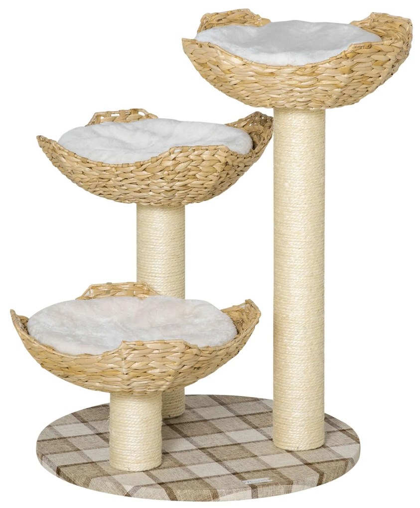 PawHut Árvore Arranhador Gatos 75cm 3 Camas Totora Almofadas Postes Sisal Ø56x75 cm Madeira Natural