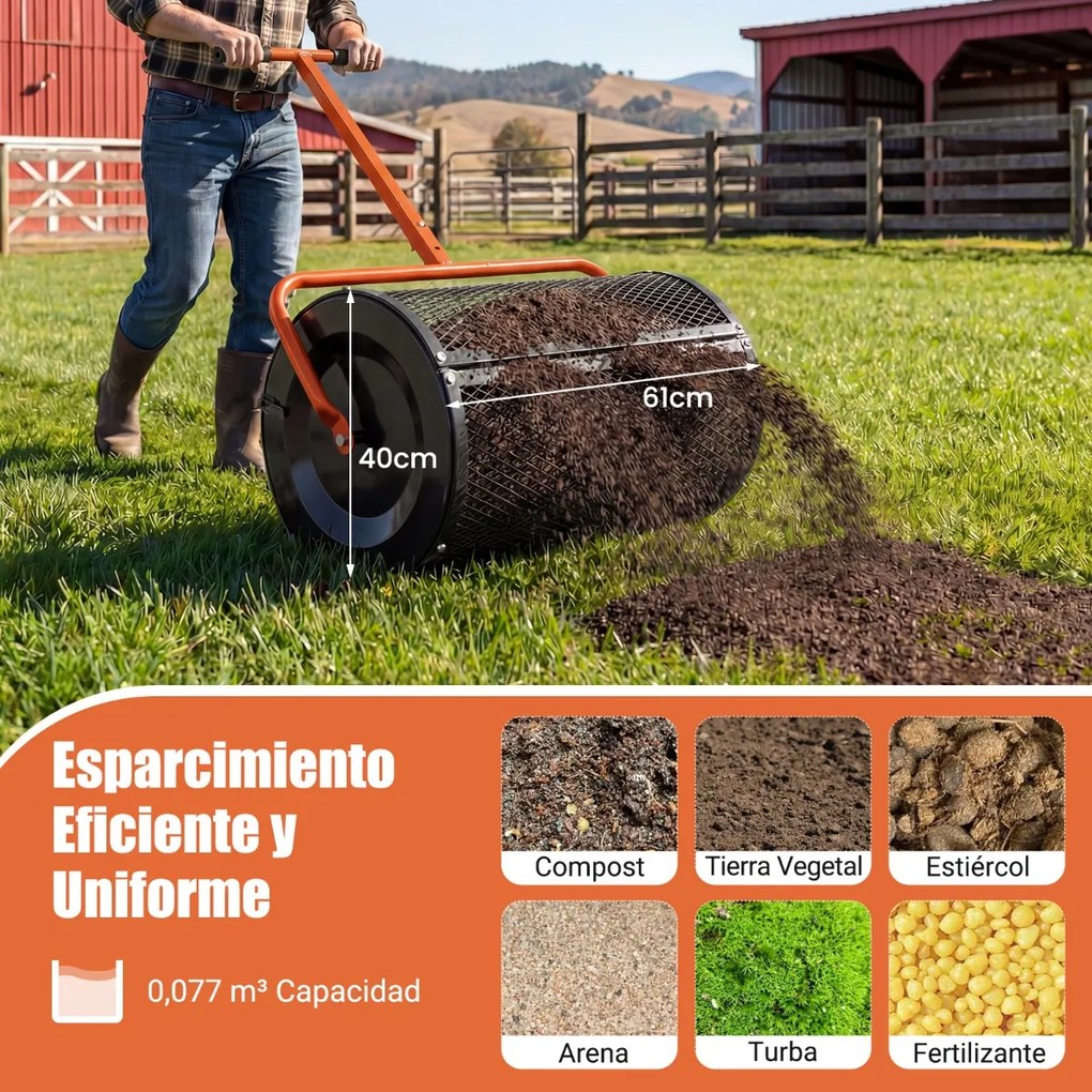 Espalhador de composto para Jardim de 31 cm com rolo para turfa e cabo em T ajustável em altura, com cesto de malha metálica para jardim ou relvado, L