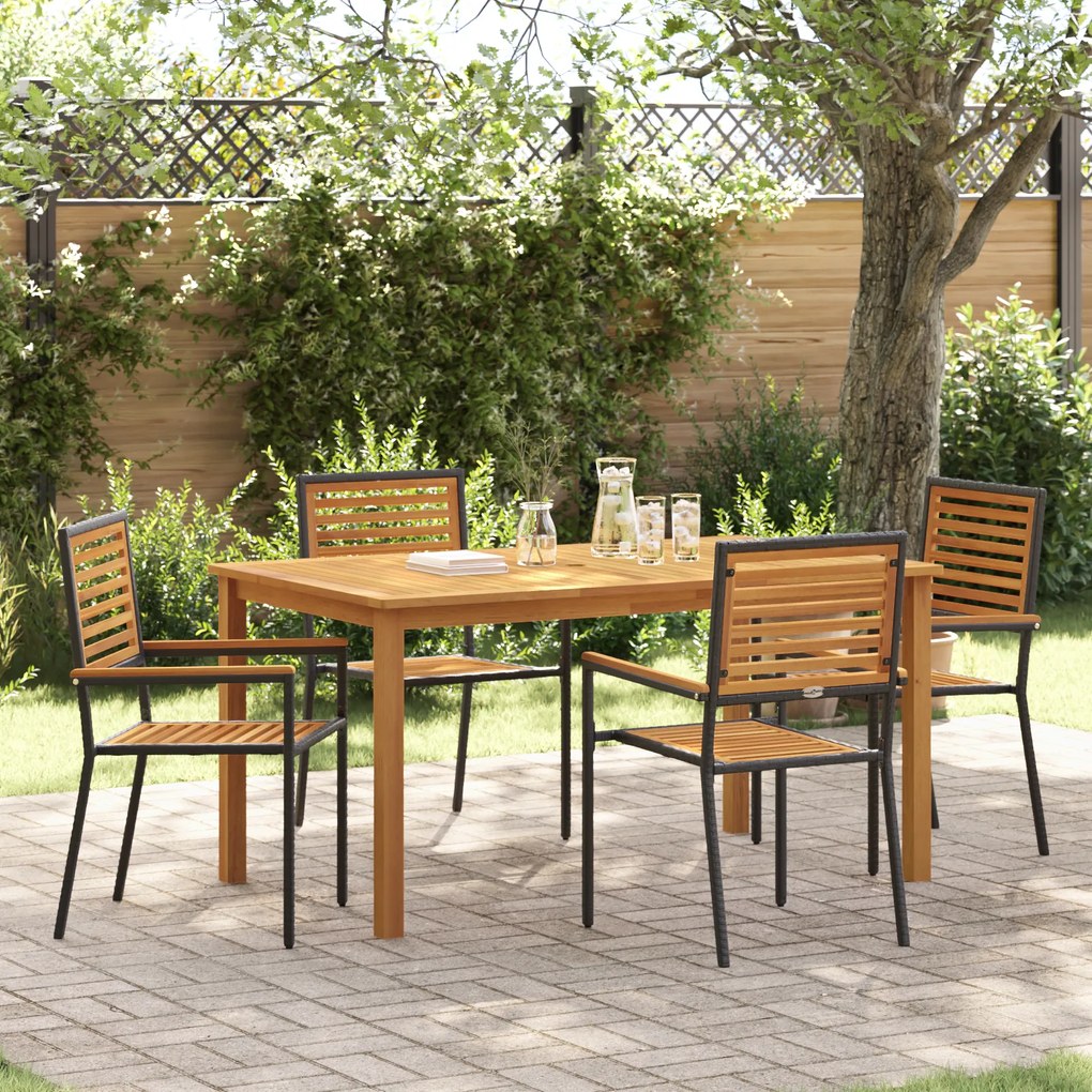 Conjunto de Jantar para Jardim vidaXL de 5 Peças Preto Rattan de Polietileno Acácia