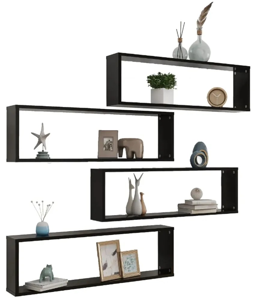 Prateleiras parede forma de cubo 4pcs derivados madeira preto