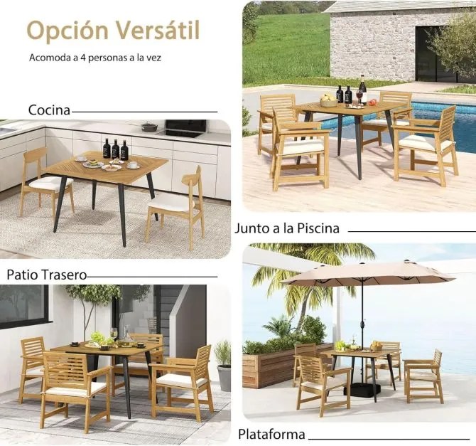 Mesa de jantar de jardim 107 x 107 x 75 cm (CADEIRAS NÃO INCLUIDAS) para 4 pessoas Mesa de pátio em madeira de acácia com orifício para guarda-sol de