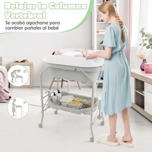 Troca-fraldas com banheira dobrável e portátil para bebés com bandeja de armazenamento e 4 rodas universais com travas, carga 35 kg, cinza