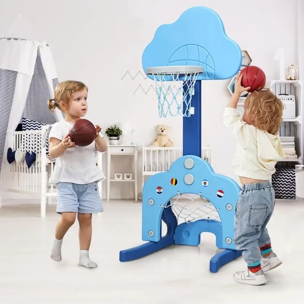 Cesto de basquetebol 3 em 1 leve e estável com altura ajustável e jogo de golfe para crianças 56 x 50,5 x 149 cm azul