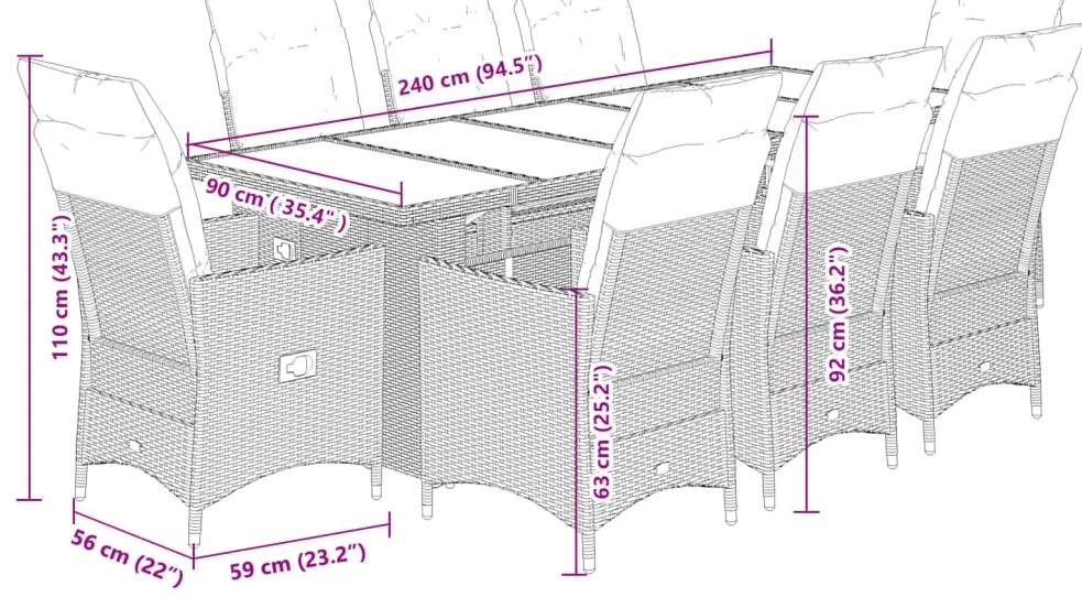 9 pcs conjunto de bistrô para jardim c/ almofadões vime PE bege