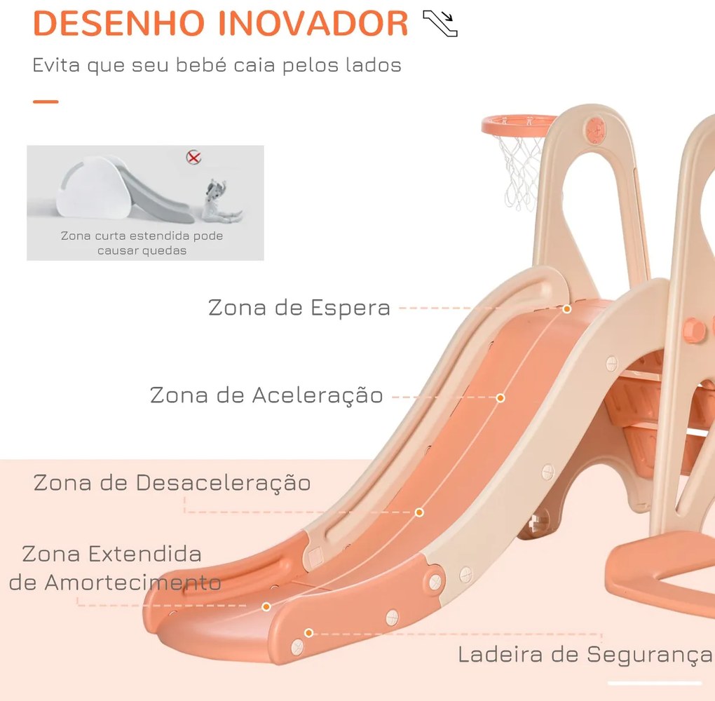 Baloiço e Escorrega para Crianças acima de 18 Meses Cesta de Basquetebol 3 em 1 com Assento Ajustável Parque Infantil Interior e Exterior 158x117x97cm Coral