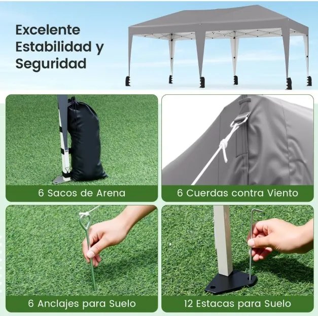 Tenda dobrável 590 x 305 x 266 cm exterior com estacas, cordas de fixação, sacos de areia e rodas para 6-8 pessoas festas, eventos, feiras Cinzenta