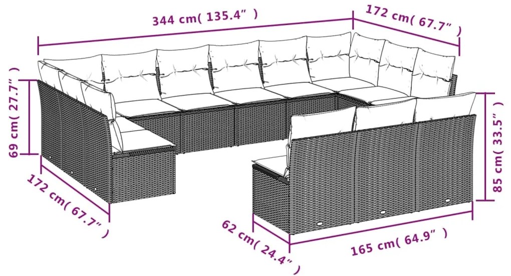 13 pcs conjunto sofás p/ jardim c/ almofadões vime PE cinzento