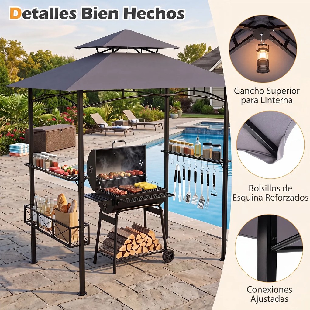 Tenda de Jardim para Churrasco (GRELHADOR NÃO INCLUIDO), 244 x 147 x 255 cm, Cobertura Dupla, Cinzento
