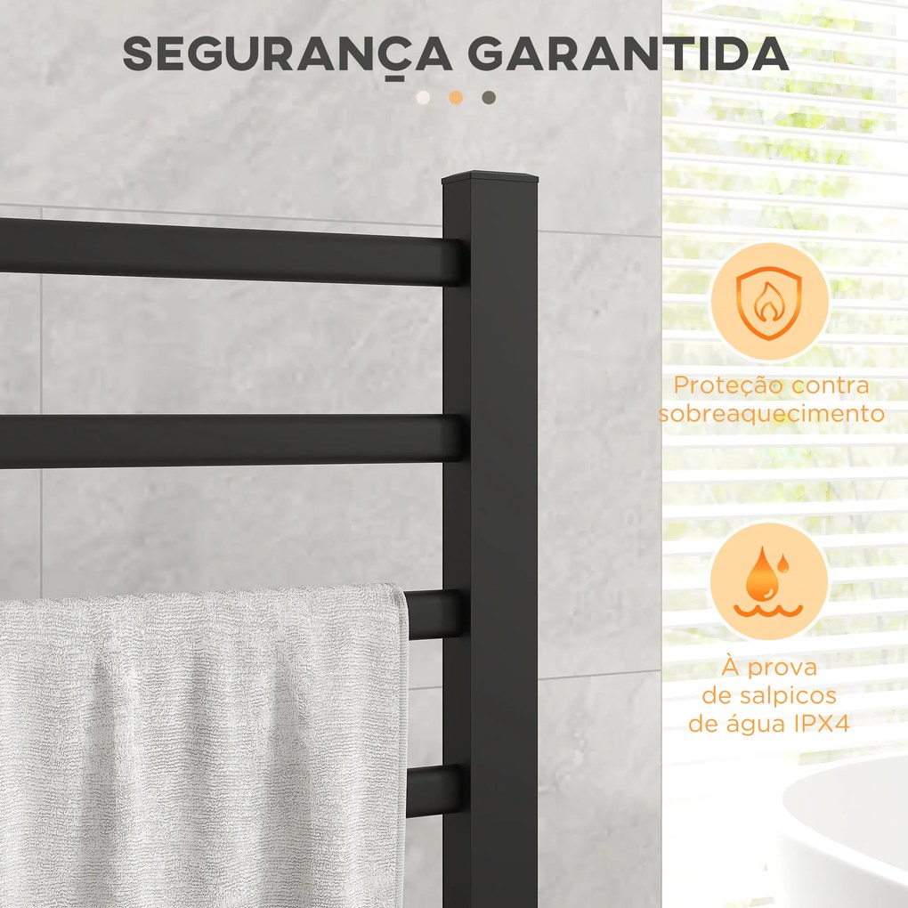 HOMCOM Toalheiro Elétrico de Parede ou Solo 150 W Aquecedor de Toalhas de Liga de Alumínio com Função de Temporizador e 8 Barras para Casa de Banho 53x35x90 cm Preto
