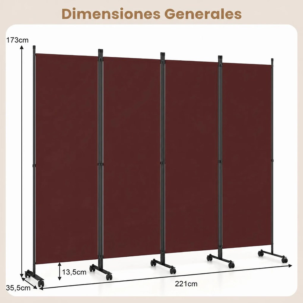 Biombo Separador de Ambientes Dobrável de 4 Painéis, 221 x 35,5 x 173 cm, Rodas Multidirecionais com Travão, Castanho