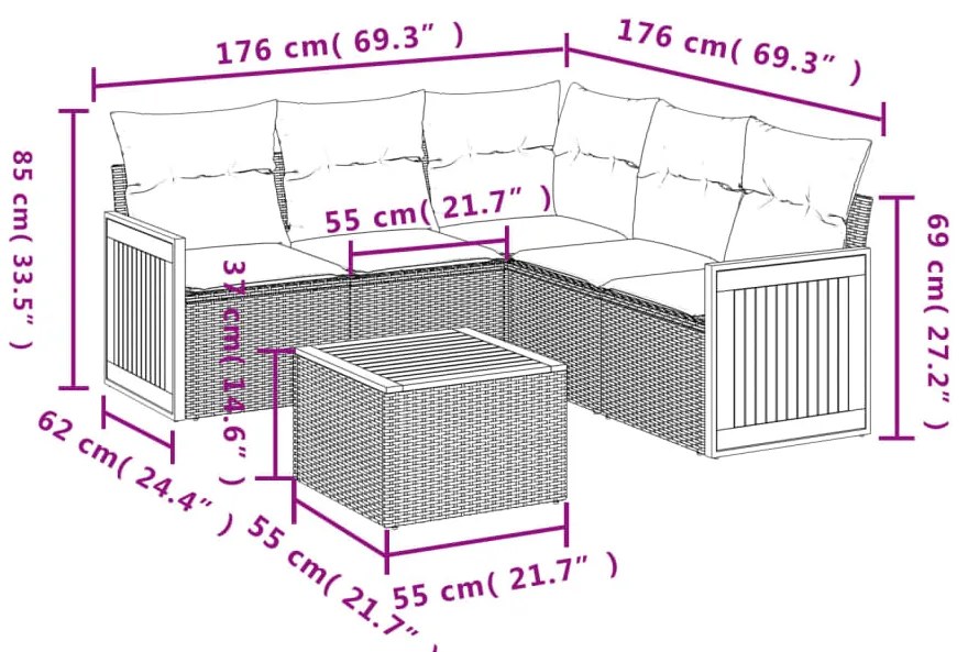 6 pcs conjunto de sofás p/ jardim com almofadões vime PE bege