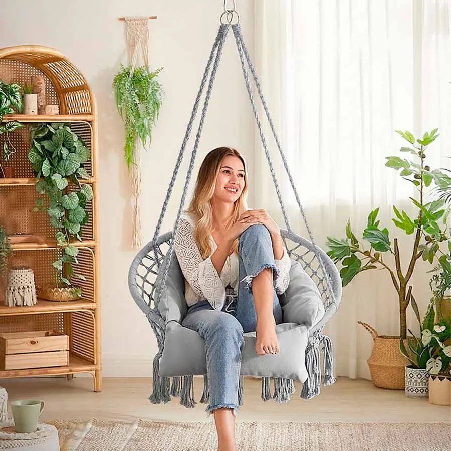 Cadeira suspensa jardim com almofada grossa carga até 120 kg Cinzento