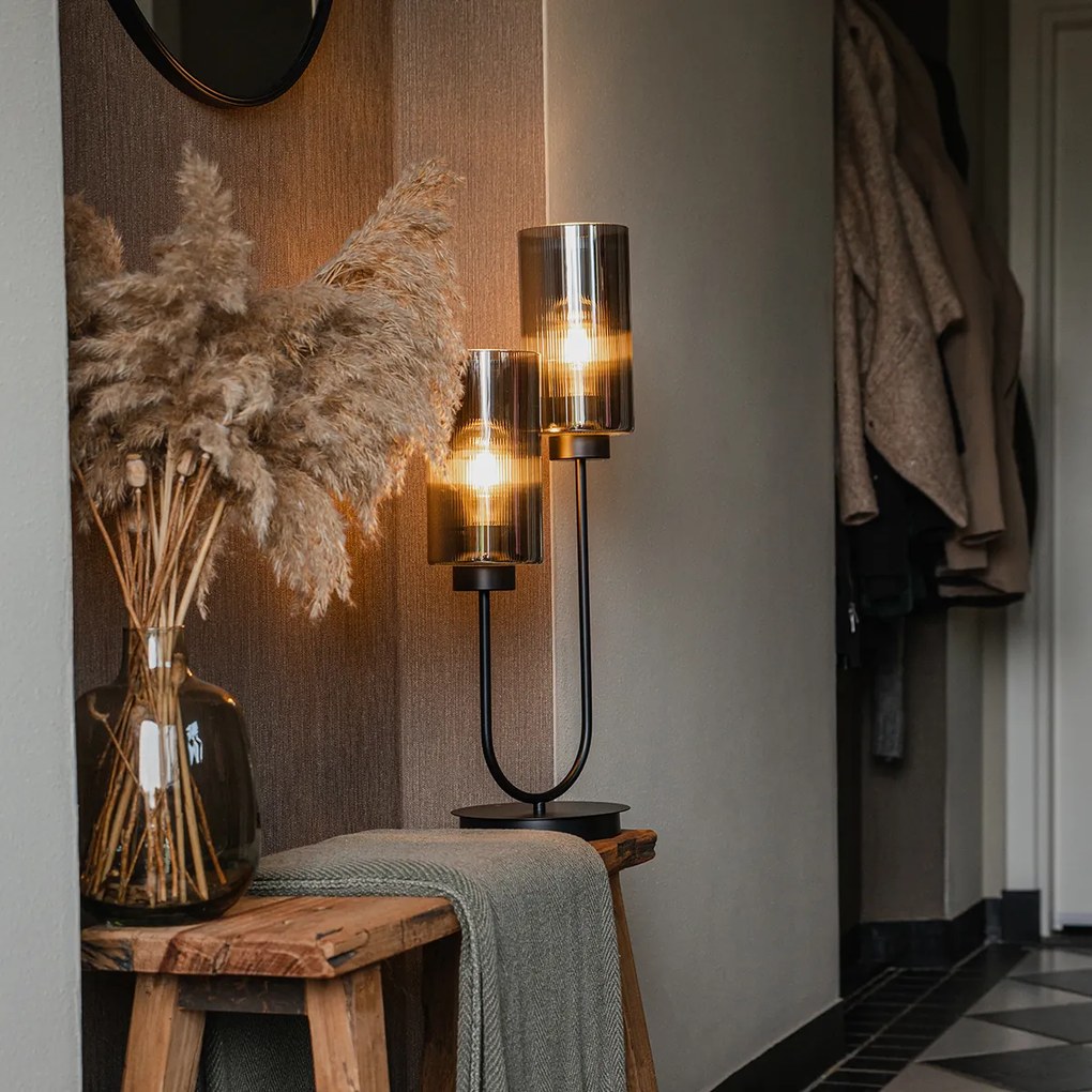 Candeeiro de mesa Art Deco preto com vidro fumê 2 luzes - Laura