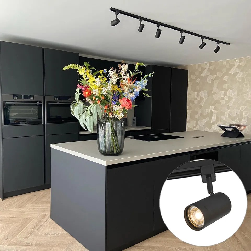 Sistema de iluminação de trilho moderno com 6 focos pretos monofásicos 200cm - Iconic Jeana