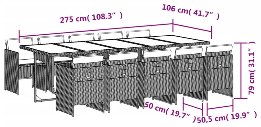 11 pcs conjunto de jantar p/ jardim com almofadões vime PE bege