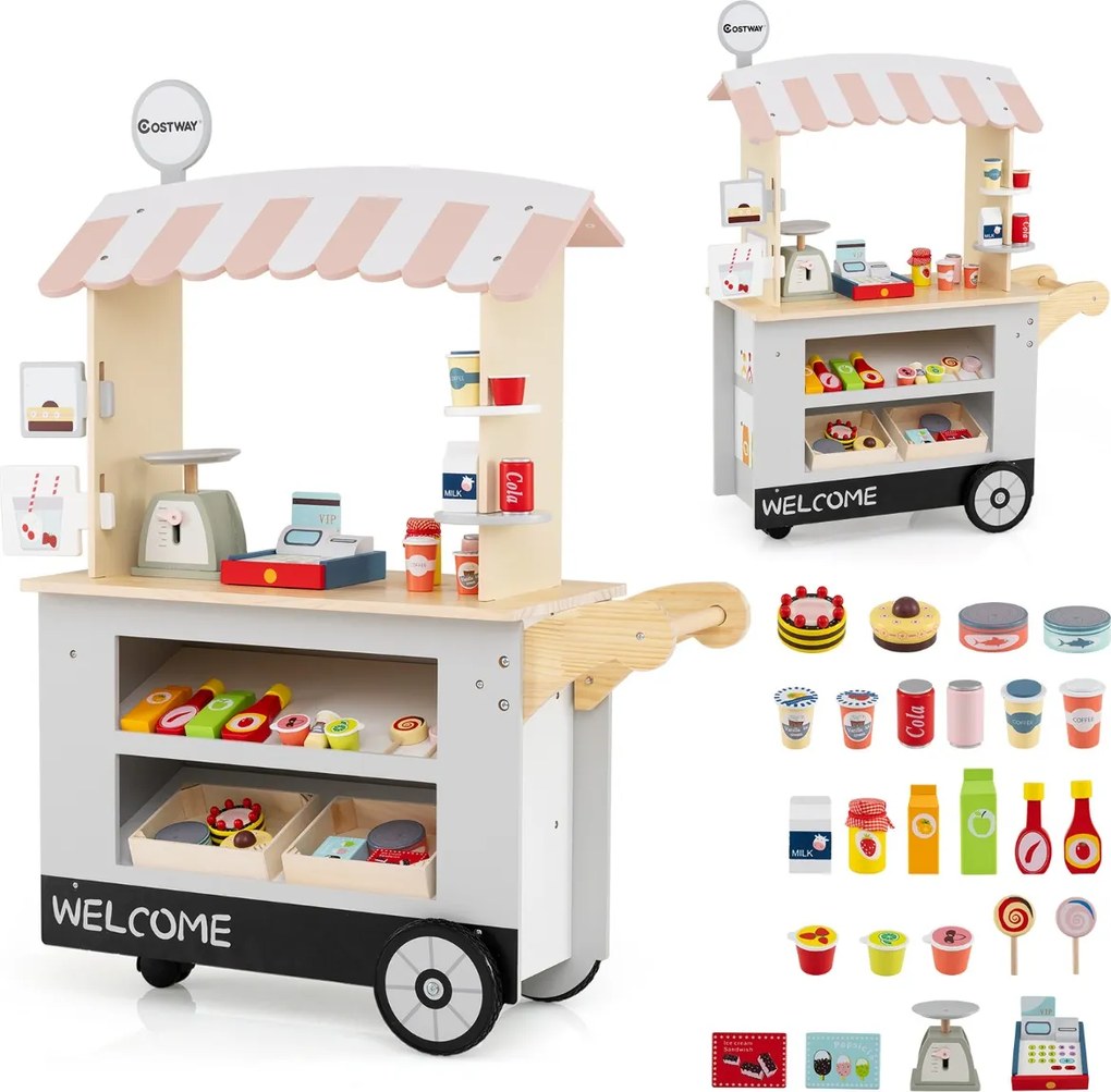 Banca de comida e guloseimas para crianças 75 cm x 30 cm x 100 cm a partir dos 3 anos Carrinho com máquina POS Estante para bebida Cinza