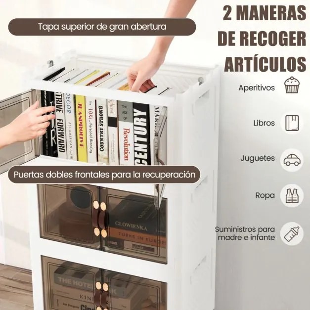 Conjunto de 4 caixas de arrumação empilháveis com portas de rodas com fecho e tampas dobráveis em PP para o quarto Branco 49,5 x 31,5 x 112,5 cm