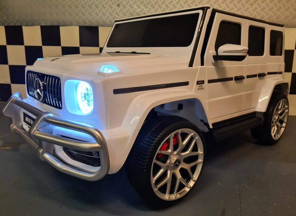 Carro infantil a bateria Mercedes G63 2 lugares 12V, Pneus Borracha, Assento couro branco