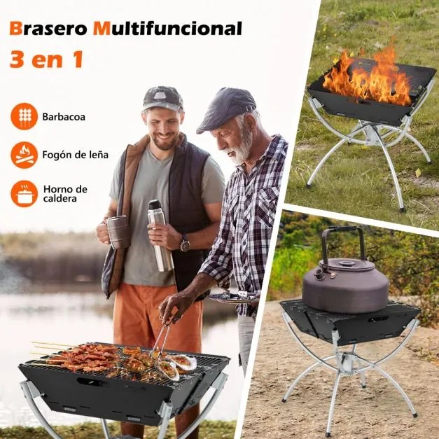 Grelhador de fogueira portátil 3 em 1 para lenha e carvão com grelhas de aço inoxidável Saco de transporte Luvas Preto + Prateado