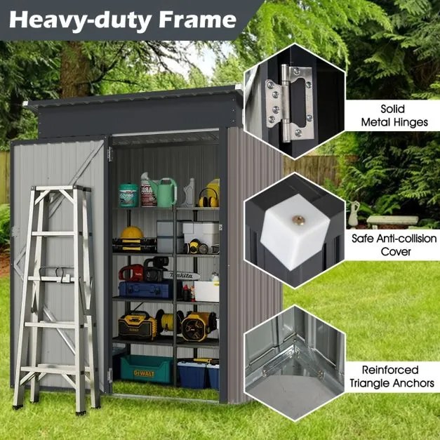 Abrigo para jardim 150 x 88 x 185 cm com telhado inclinado, portas com fechadura, ventilação, cinzento escuro