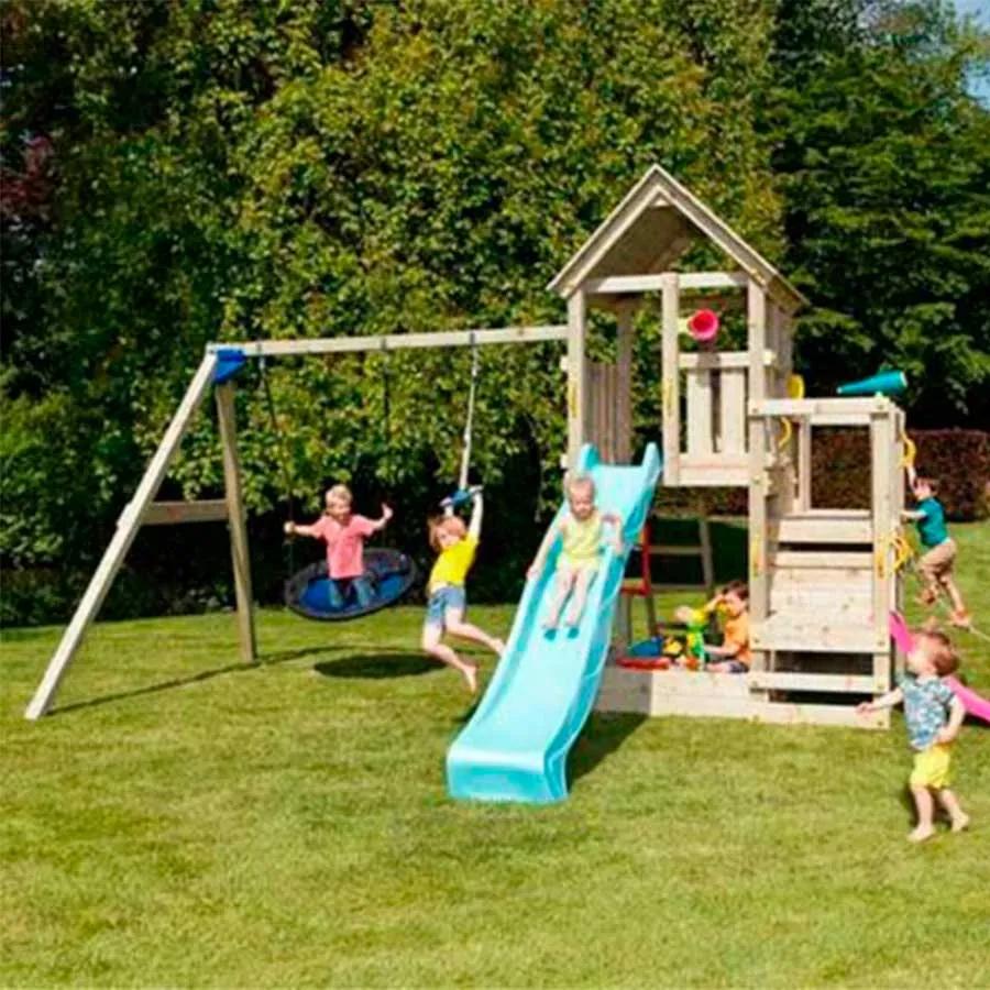 Parque Exterior infantil de madeira com escorrega Torre KIOSK XL Com Baloiço Duplo e Desafio