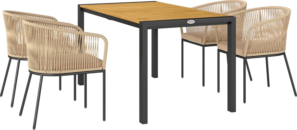 Outsunny Conjunto de jardim 5 peças, 4 cadeiras, 1 mesa, rattan sintético, estrutura em aço, almofadas laváveis, para terraço, Caqui | Aosom Portugal