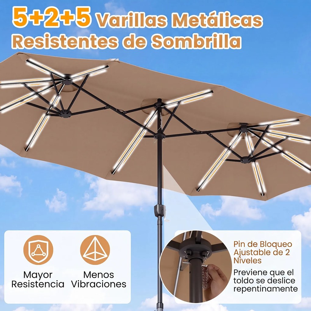 Guarda-sol Duplo Retangular de Exterior com base, 370 x 200 cm, 108 Luzes LED, Castanho