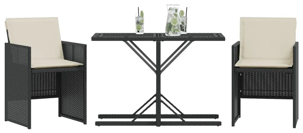 3 pcs conjunto de bistrô com almofadões vime PE preto