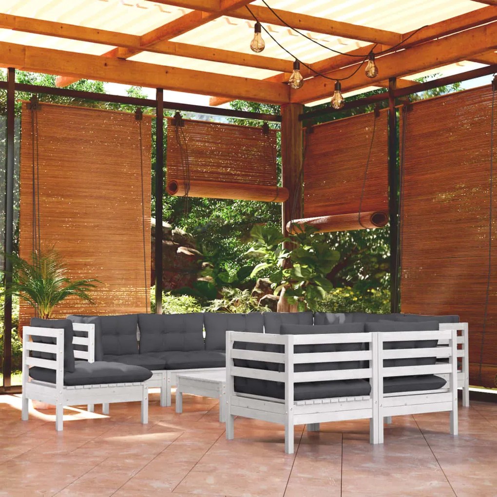 10 pcs conj. lounge de jardim c/ almofadões pinho maciço branco