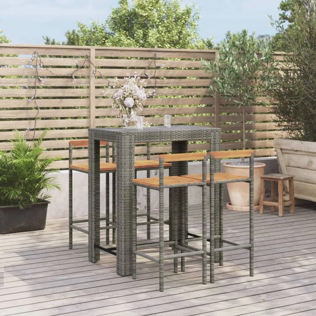 vidaXL 5 pcs conjunto de bar p/ jardim vime PE/acácia maciça cinzento