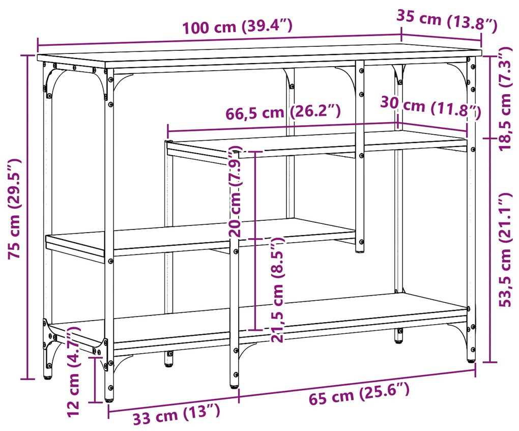 Mesa de Consola vidaXL Carvalho Artesanal 100x35x75 cm Madeira Engenha