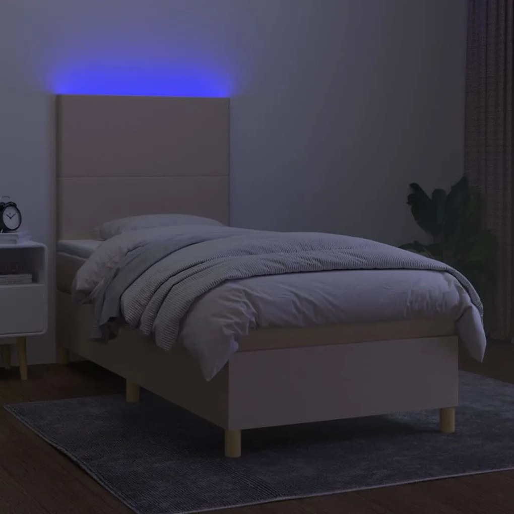 Cama box spring c/ colchão e LED 90x190 cm tecido cor creme