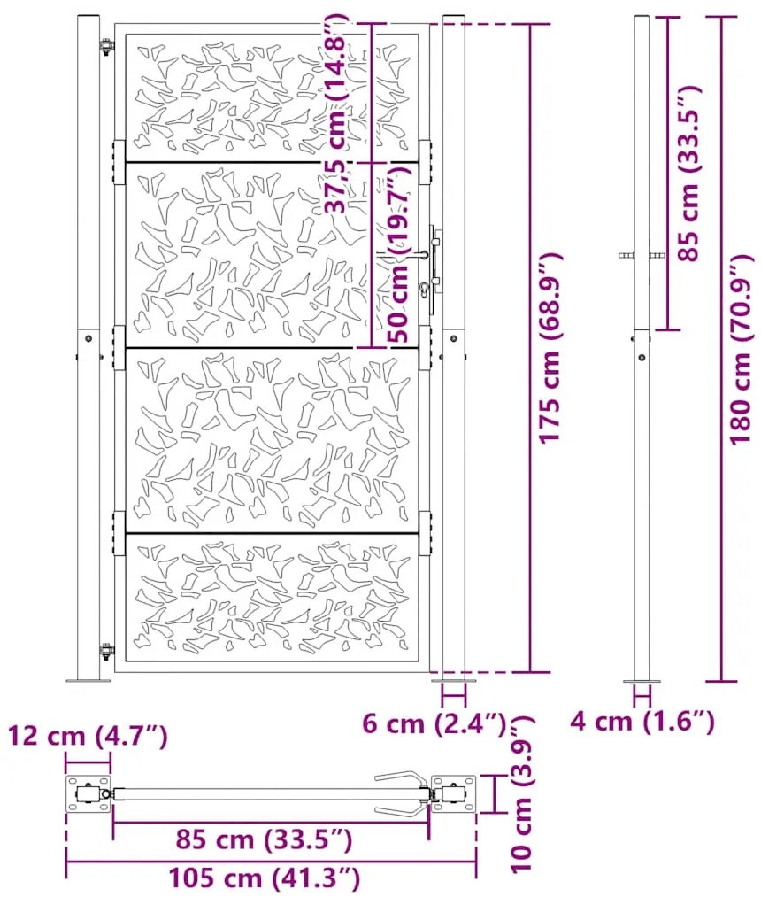 Portão de jardim 105x180 cm design de folha de aço resistente