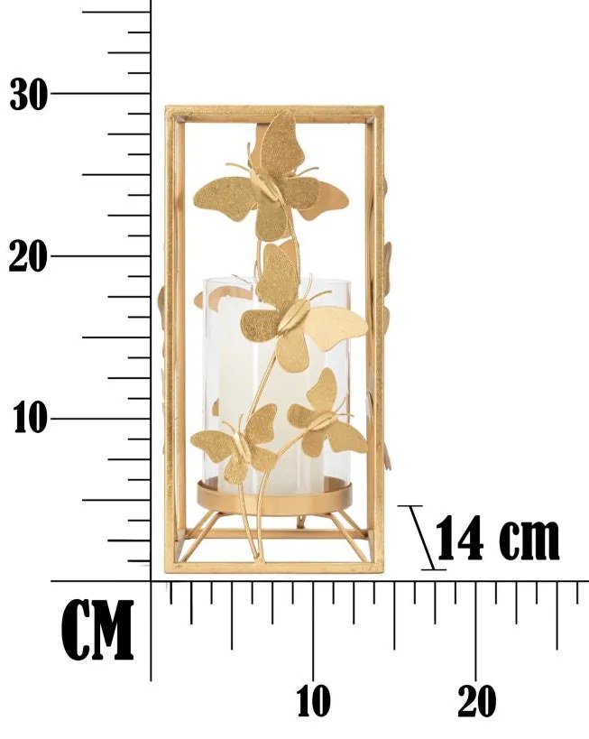 Castiçal "Glam Butterfly" em Metal Dourado – 14x14x29 cm