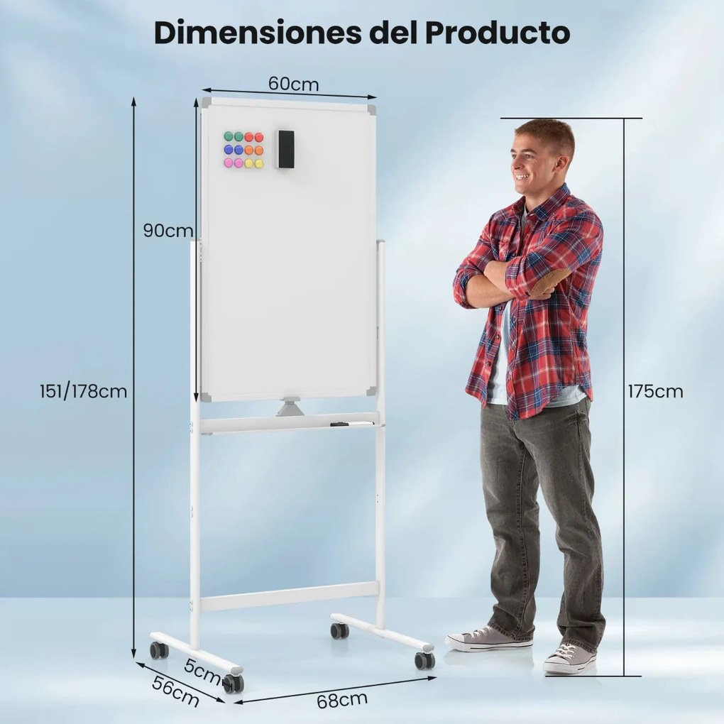 Quadro magnético móvel para apagar a seco 60x90cm Dupla face com suporte Rodas 360° Altura ajustável 151-178cm na escola Escritório Branco