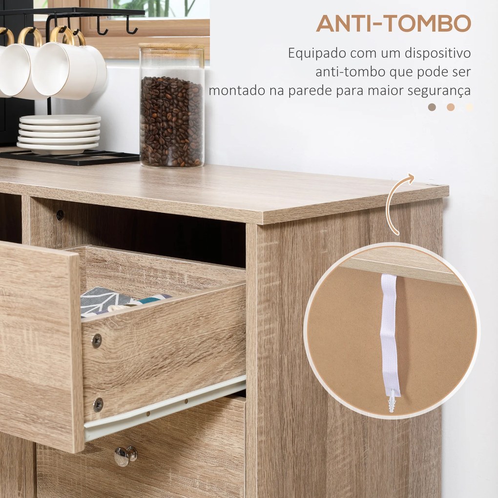 HOMCOM Aparador de Cozinha com 2 Portas de Vime 3 Gavetas e Prateleira Aberta Móvel Buffet Auxiliar para Sala de Jantar Anti-Tombo 110x40x76cm Carvalho