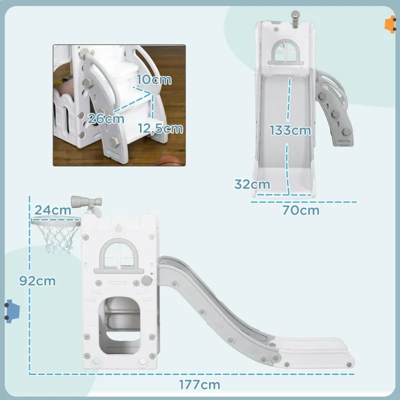 Escorrega Infantil 5 em 1 para Crianças com Cesto de Basquetebol Telescópio Escalador e Cesta Inferior 70x177x92 cm Branco e Cinza