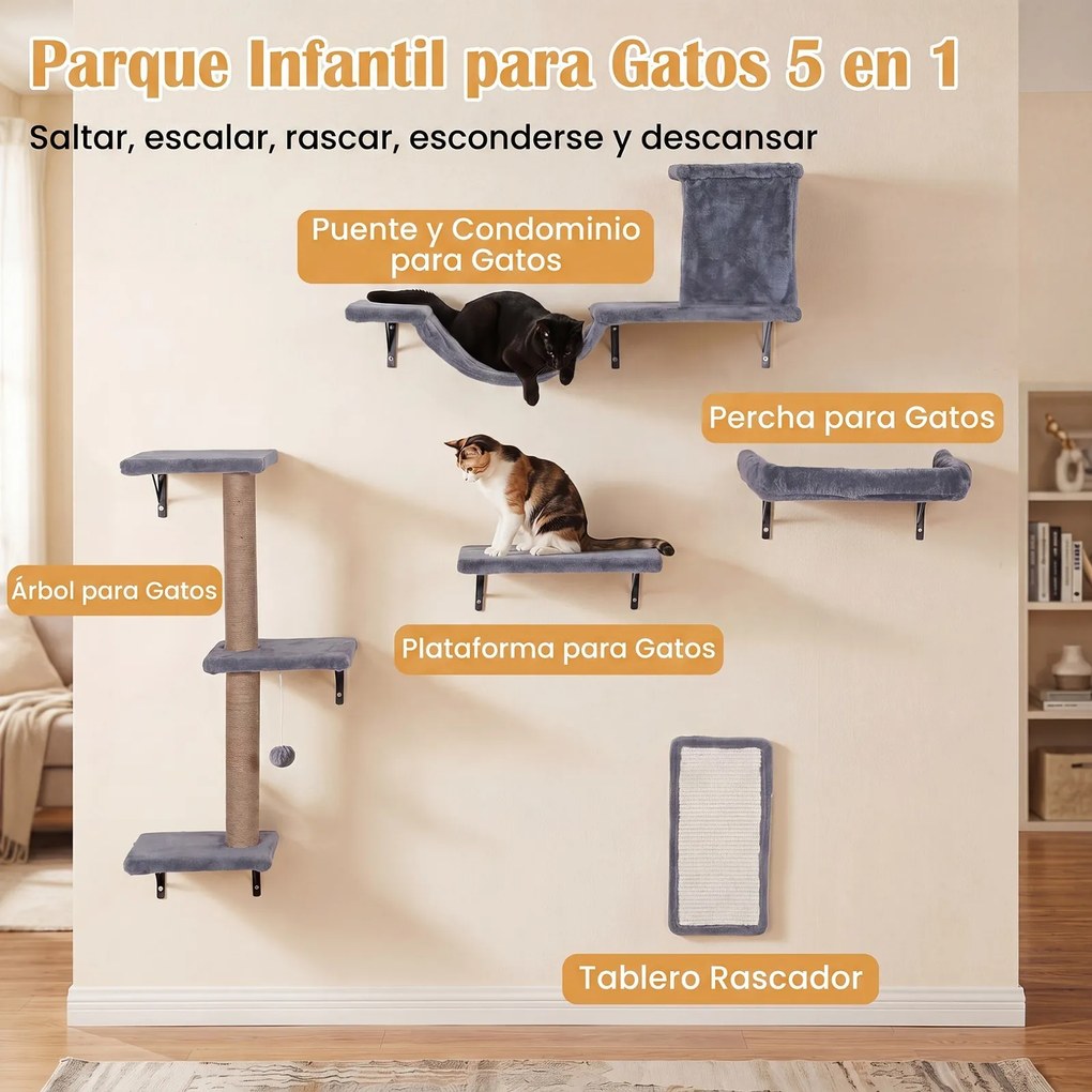 Parque de Parede para Gatos, 29 x 21 x 84 cm, 5 em 1, Cinzento