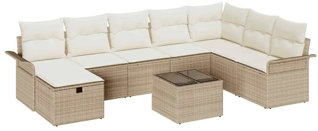 Conjunto de Sofá de Jardim de 9 Peças com Almofadas Bege de Polirattan