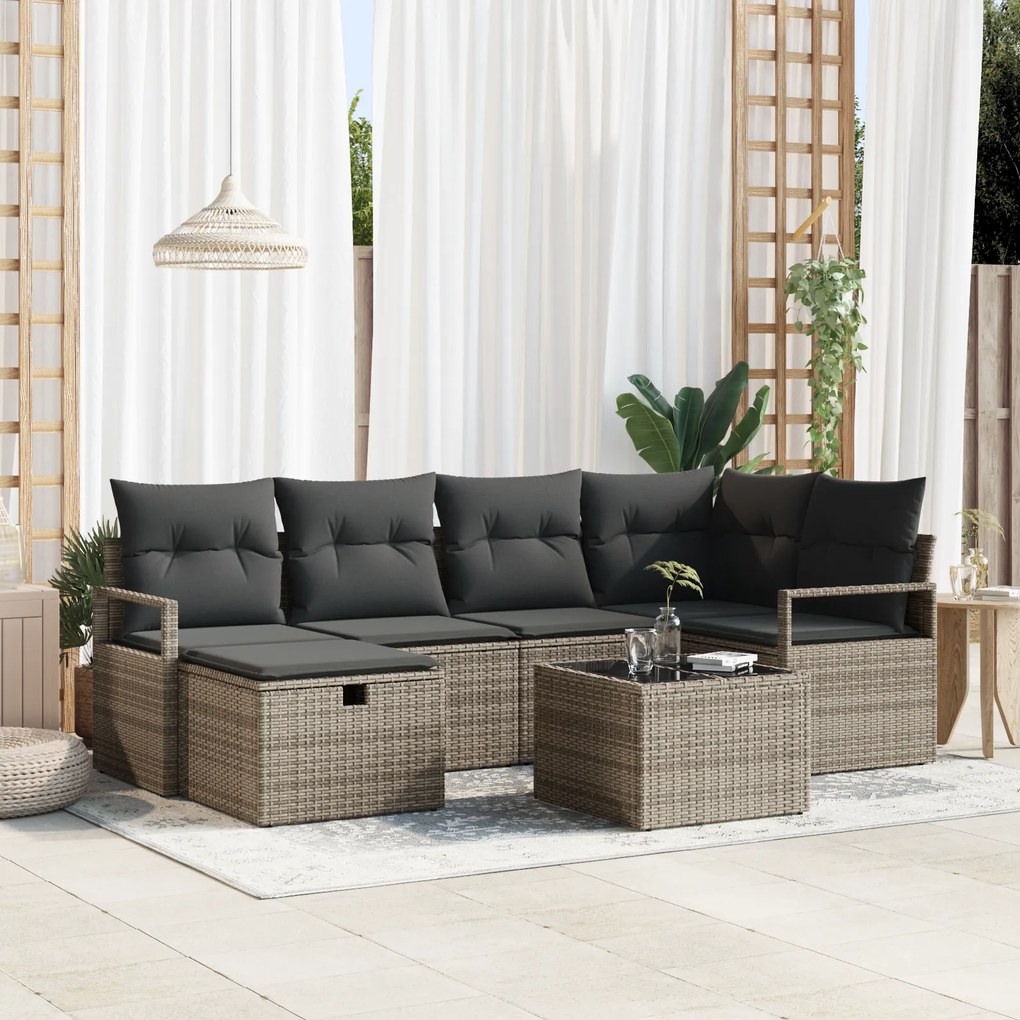 Conjunto de Sofá de Jardim vidaXL de 7 Peças com Almofadas Cinzento Po
