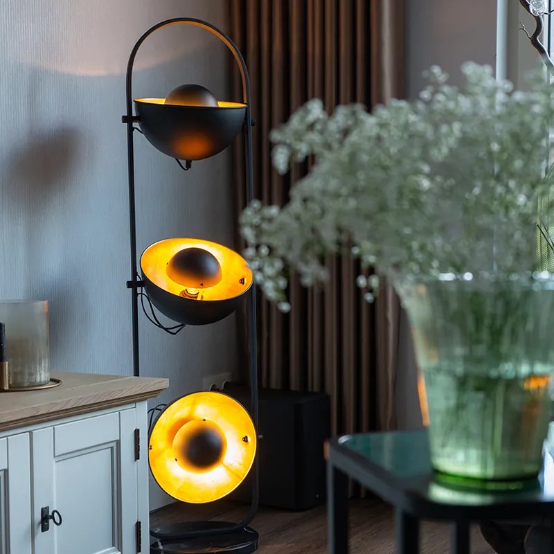 Candeeiro de pé industrial preto com dourado 3-luzes - Magnax