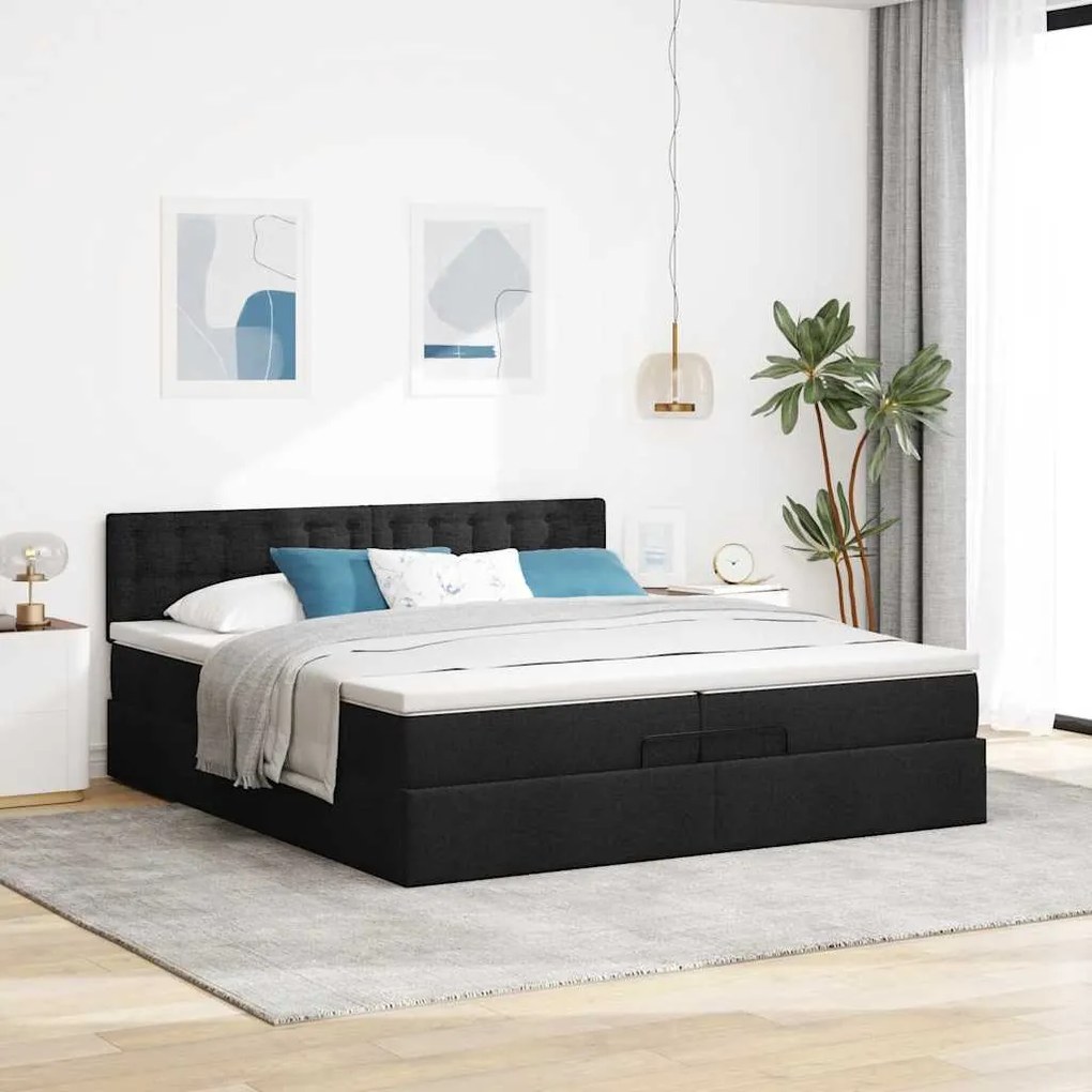 Estrutura de cama otomana com colchão 200x200 cm tecido preto