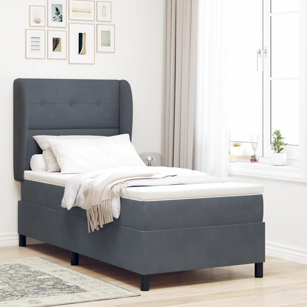 Camas Box Spring vidaXL com Colchão Cinza Escuro 90x200 cm Veludo