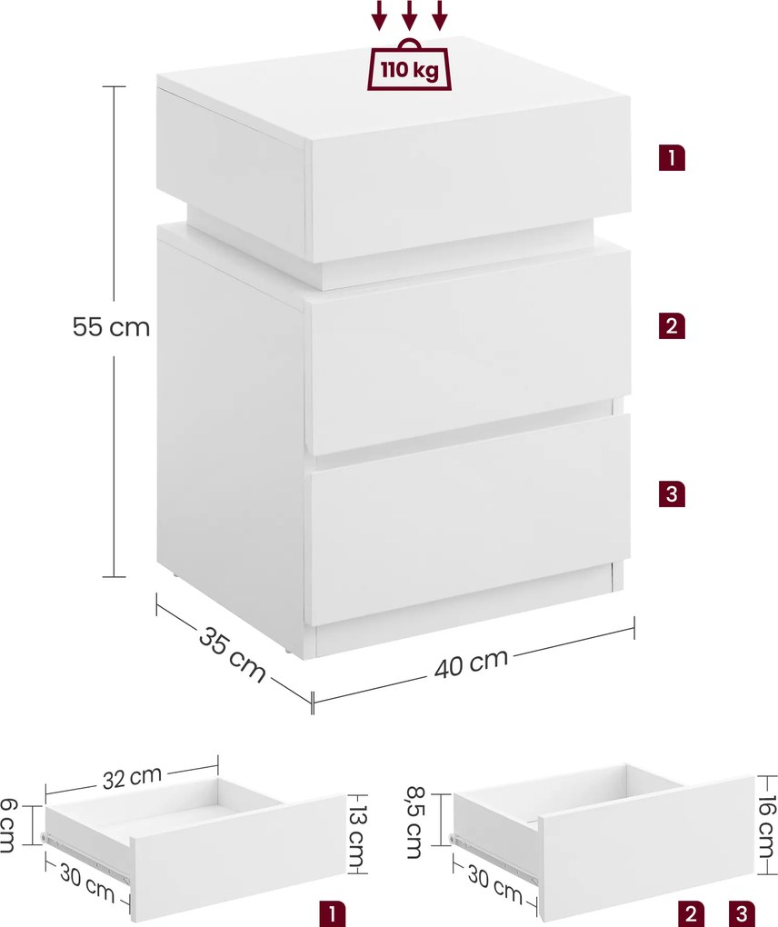 Mesa de cabeçeira com iluminação LED 35,1 x 40,1 x 55,1 cmcores ajustáveis branco