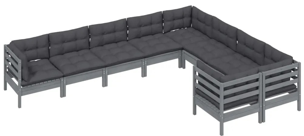 9 pcs conjunto lounge de jardim c/ almofadões pinho cinza