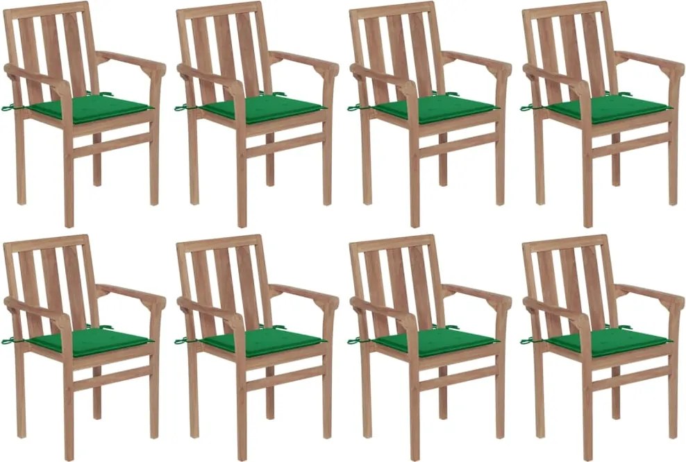 vidaXL Cadeiras de jardim empilháveis c/ almofadões 8 pcs teca maciça