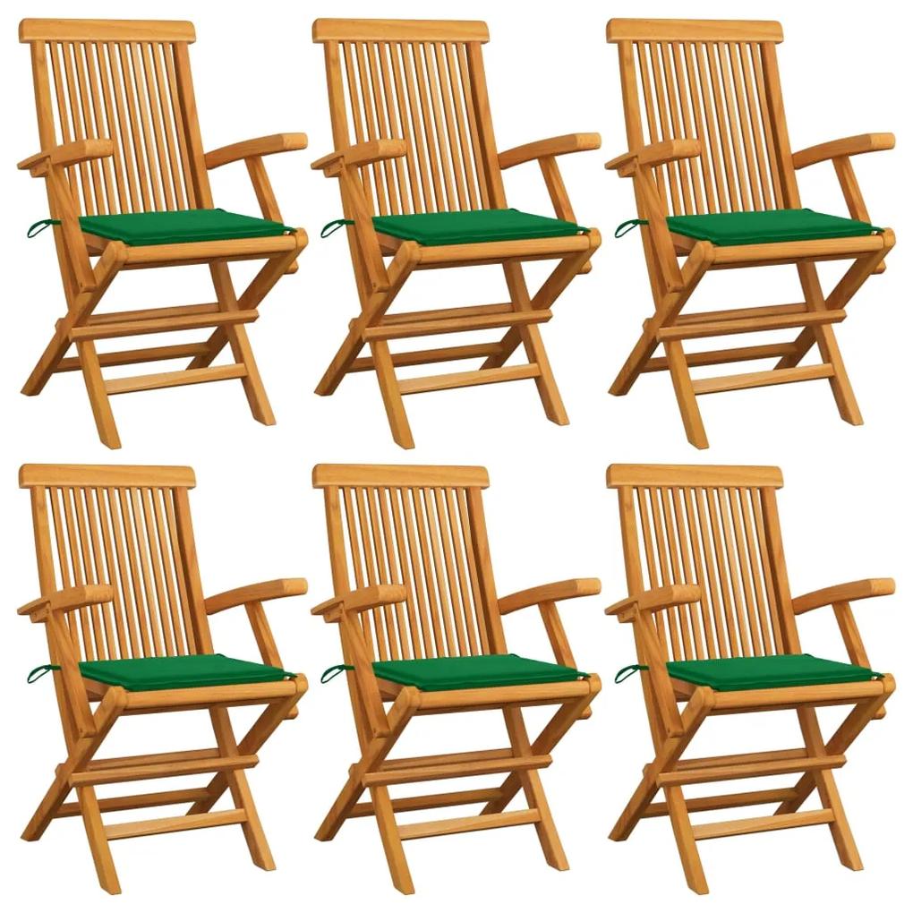 3062546 vidaXL Cadeiras de jardim c/ almofadões verdes 6 pcs teca maciça