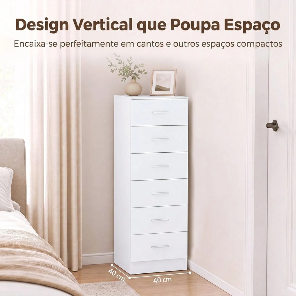 Cómoda de 6 Gavetas Alta para Quarto com Sistema Antitombo 40x40x110 cm Cinzento Claro e Branco