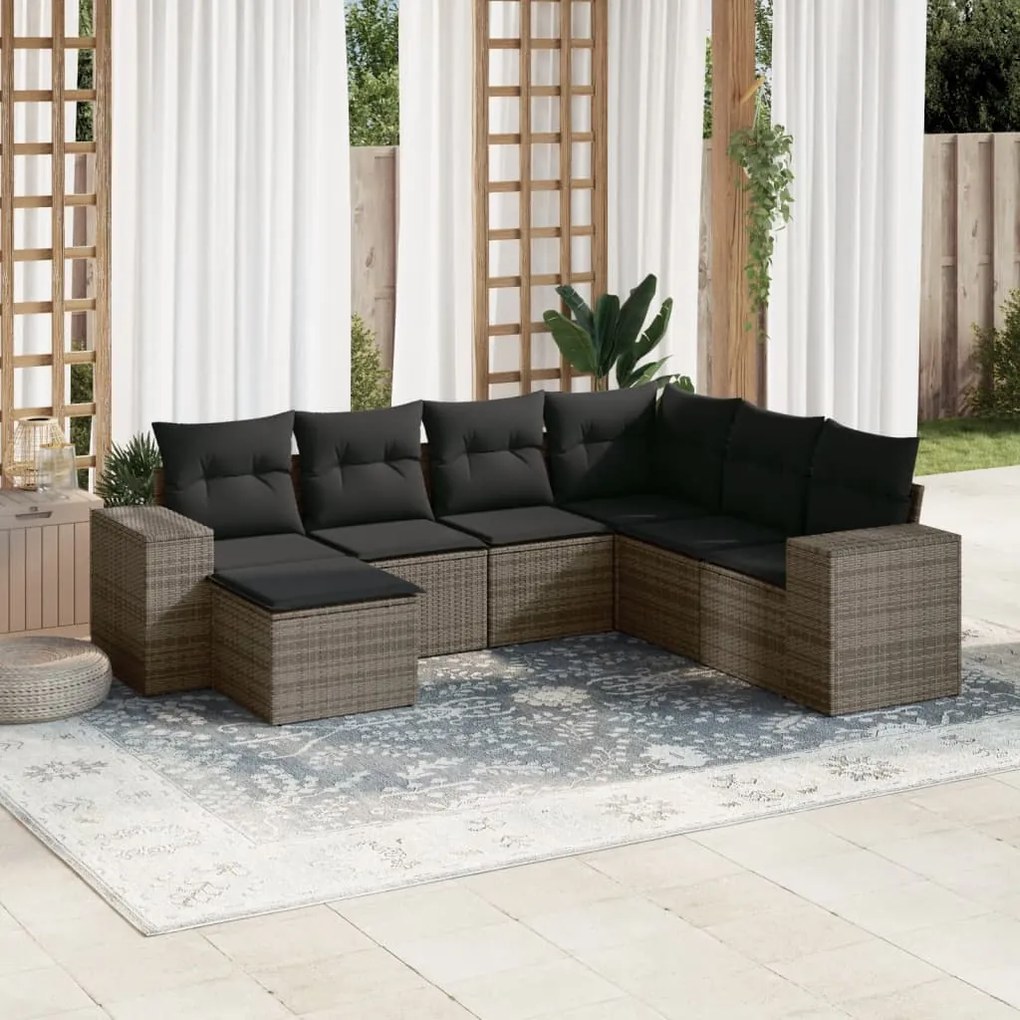 7 pcs conjunto sofás p/ jardim c/ almofadões vime PE cinzento